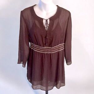 STYLE & CO Chocolate Brown Sheer Swim Coverup Embroidered Boho Top Plus Size 18W